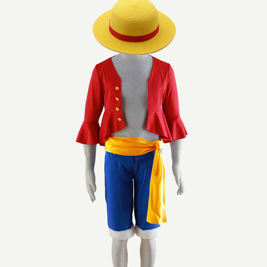 Anime Ocean Adventure Monkey Pirate Captain Cosplay Red Shirt Costume with Hat for Men Kids product image 1