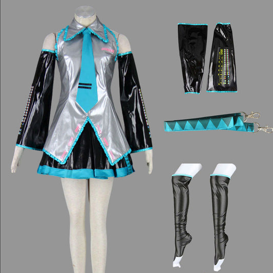 Virtual Popstar Cyan Twin-Tailed Diva Metallic Silver Stage Cosplay Costume with Accessories For Women Kids product image 1